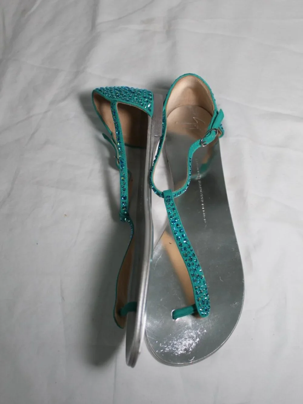 Giuseppe Zanotti Turquoise Suede Crystal Embellished T-Strap Flats Sandals 41